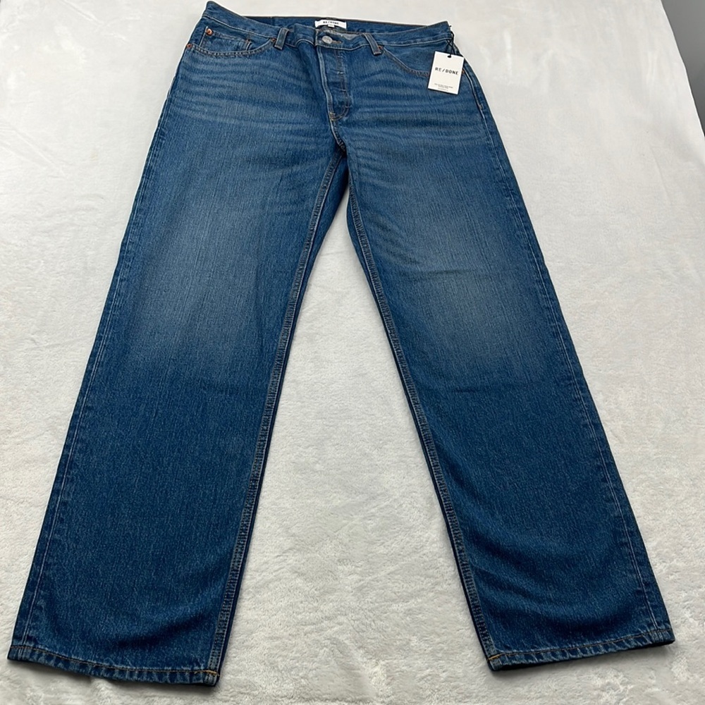 NEW RE/DONE 29, 8 70s Ultra Rise Stove Pipe Dark Blue 100% Cotton Fly Button